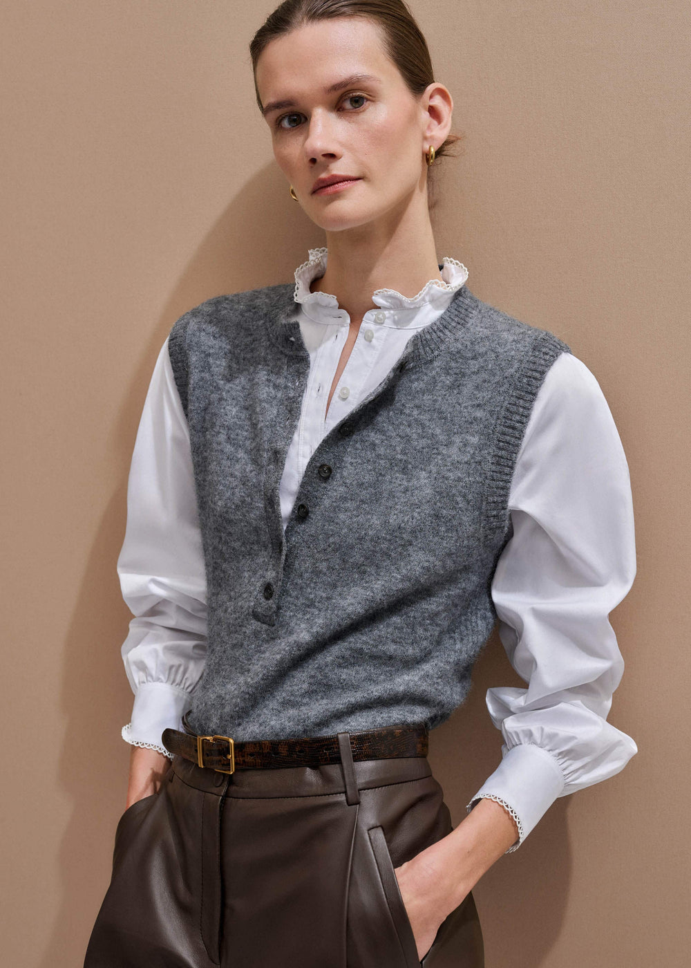 Grey Henley Straight Knit Vest