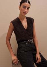 Brown Brushed Cashmere V-Neck Sweater Vest