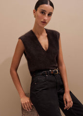 Brown Brushed Cashmere V-Neck Sweater Vest
