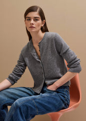 Gray Cashmere Roll Trim Straight Cardigan