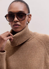 Brown Cashmere Curved Hem Raglan Sweater + Snood