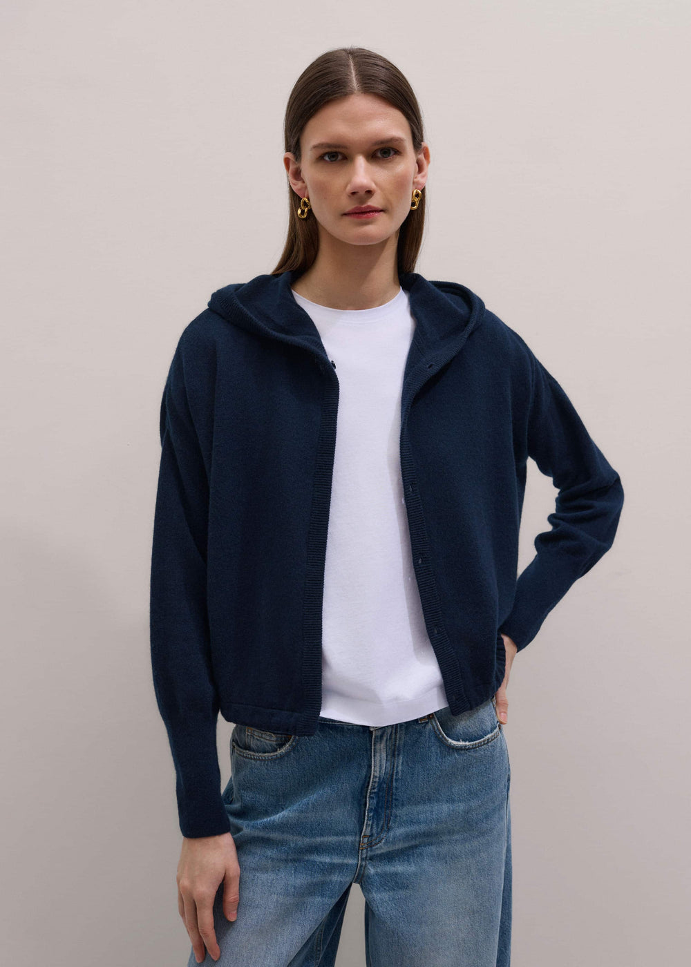Dark Navy Cashmere Drop Shoulder Box Crop Hoodie