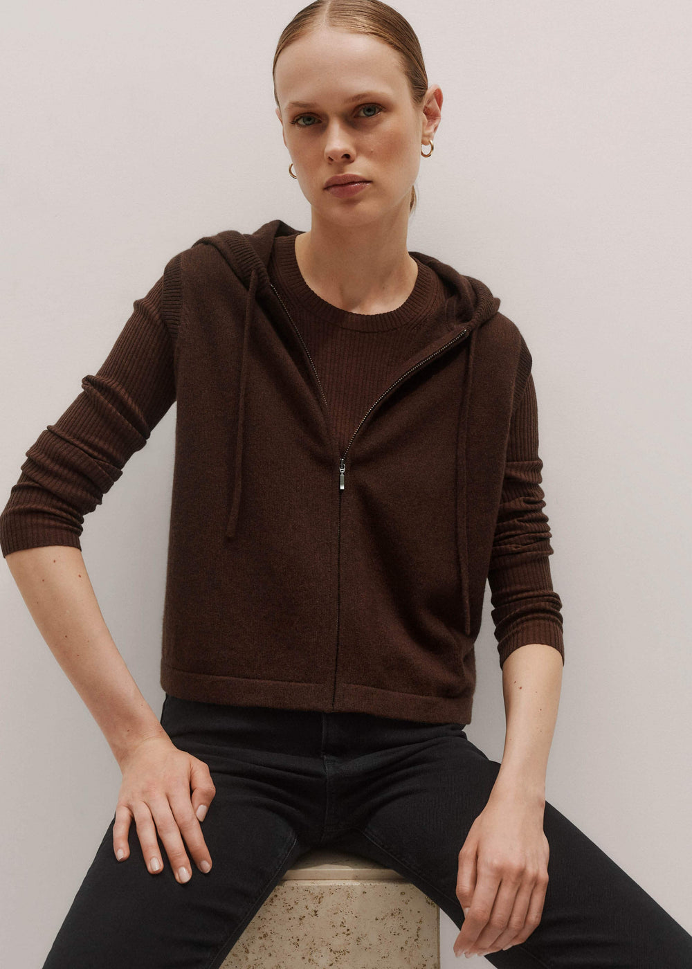 Brown Cashmere Sleeveless Relaxed Zip Hoodie