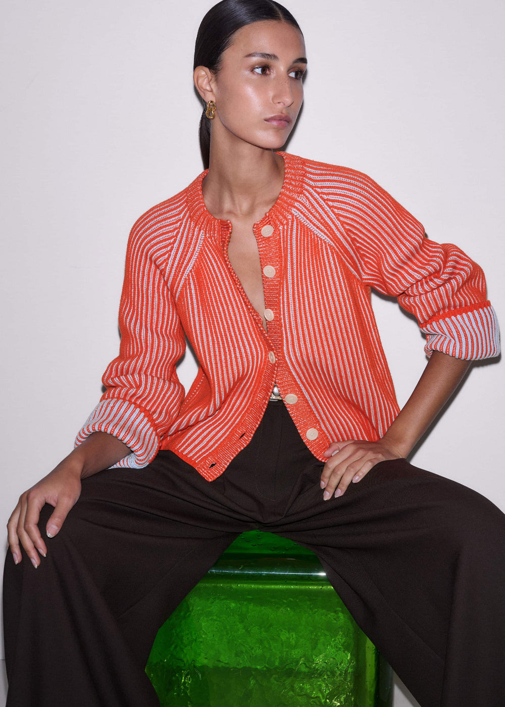 Orange Contrast Rib Straight Cardigan