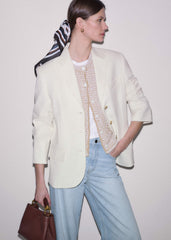 Cream Tweed Knit Pouf Shoulder Textured Crop Jacket