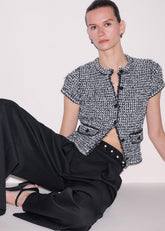 Black Tweed Knit Pouf Sleeve Crop Jacket