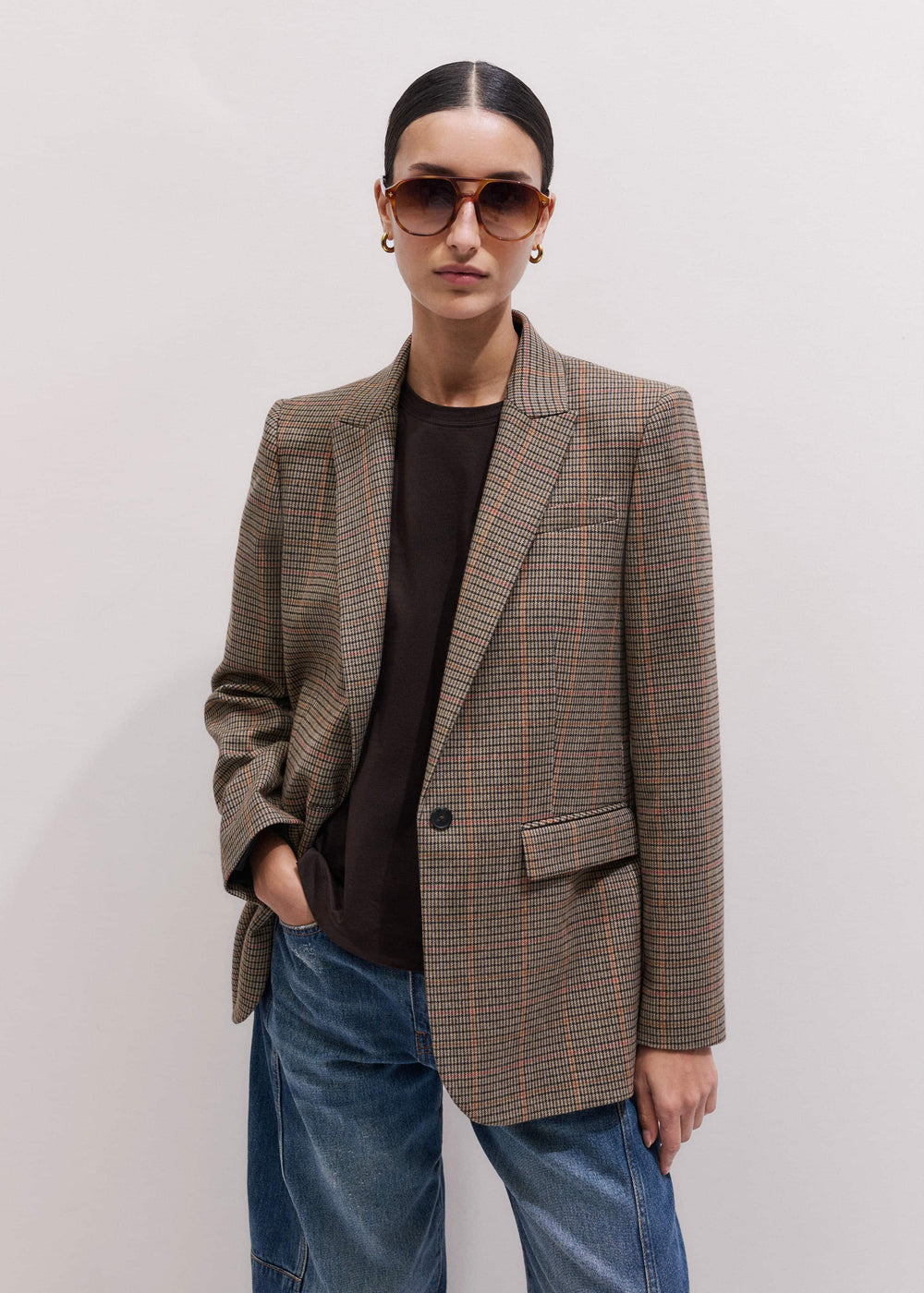 Brown Check Sharp Shoulder Blazer