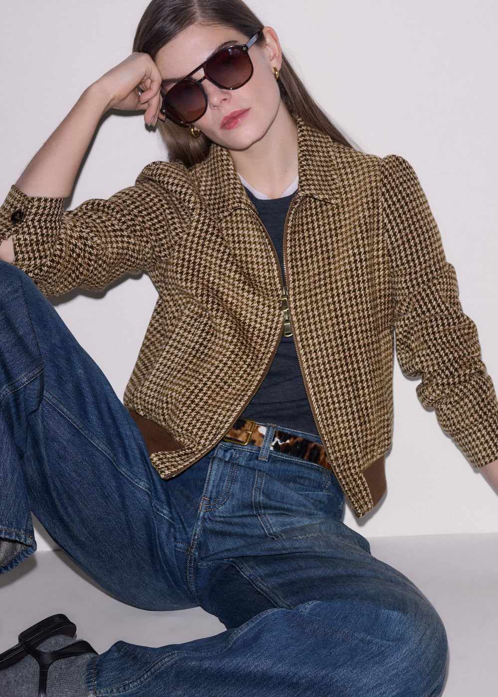 Brown Super Soft Houndstooth Bomber Jacket