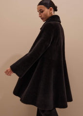 Brown Luxe Shearling Leather Mix Swing Coat
