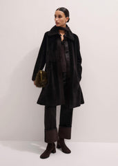 Brown Luxe Shearling Leather Mix Swing Coat