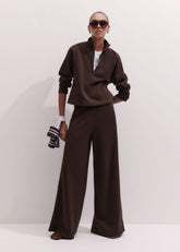 Brown High Zip Neck Crop Top + Wide-Leg Track Pant Co-ord