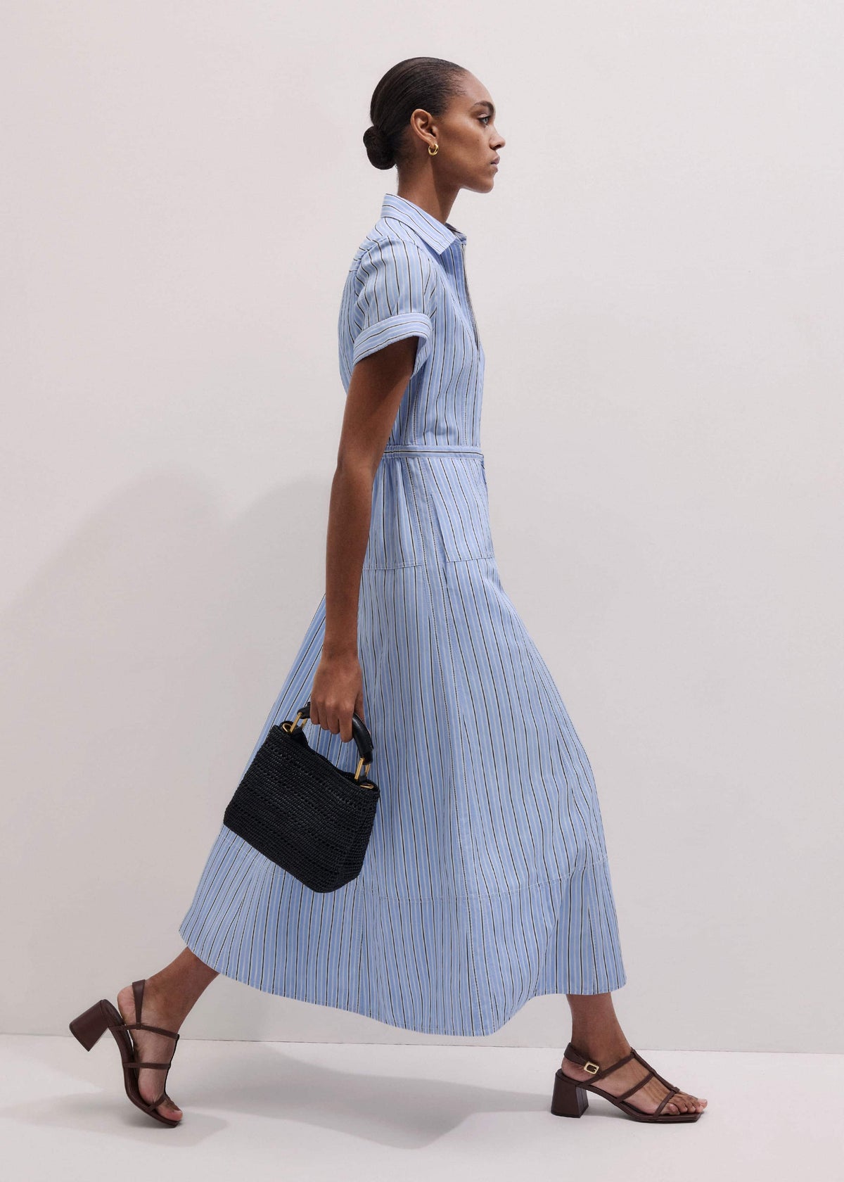 Blue Drawstring Waist Zip Neck Maxi Shirt Dress