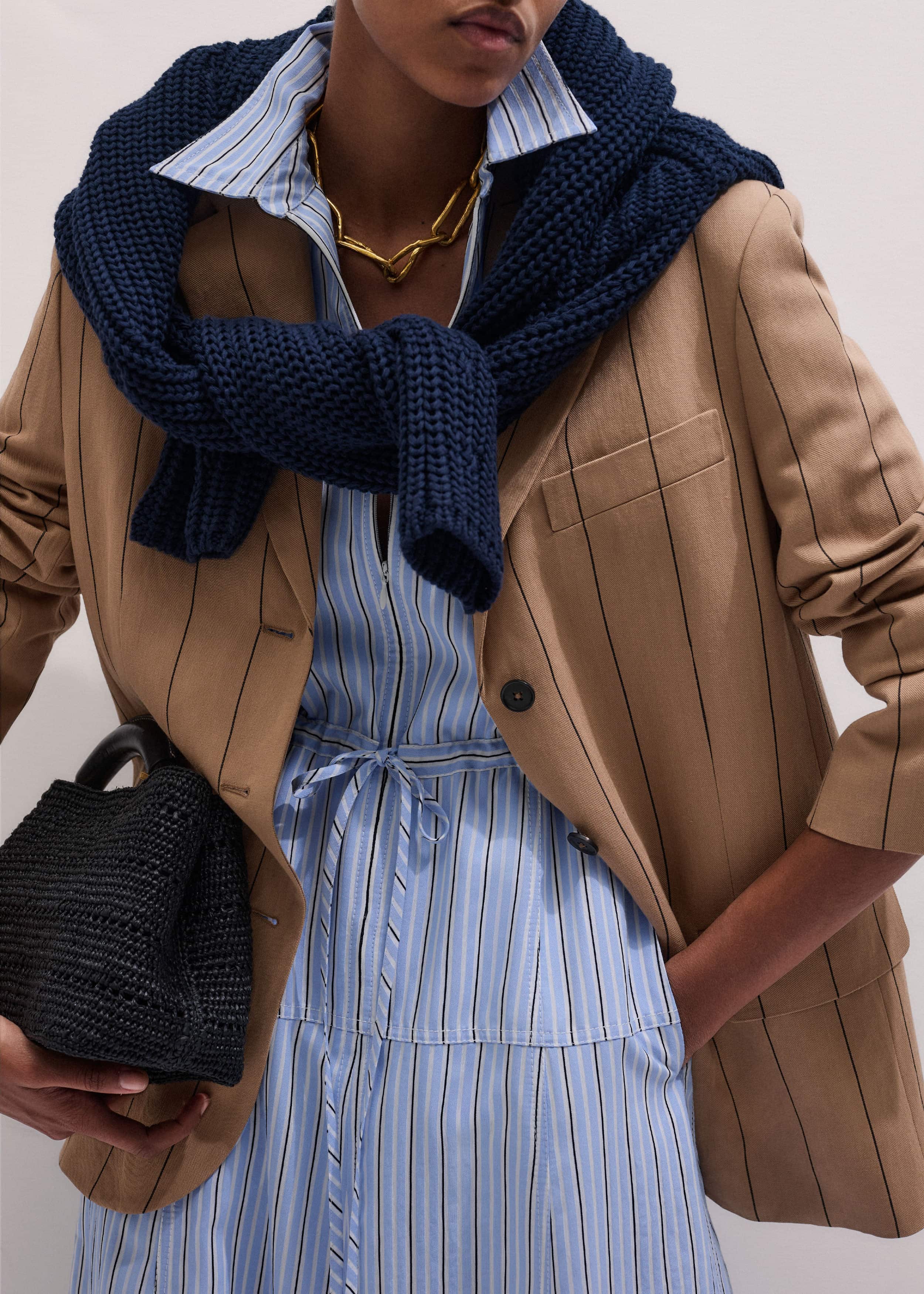 Blue Drawstring Waist Zip Neck Maxi Shirt Dress