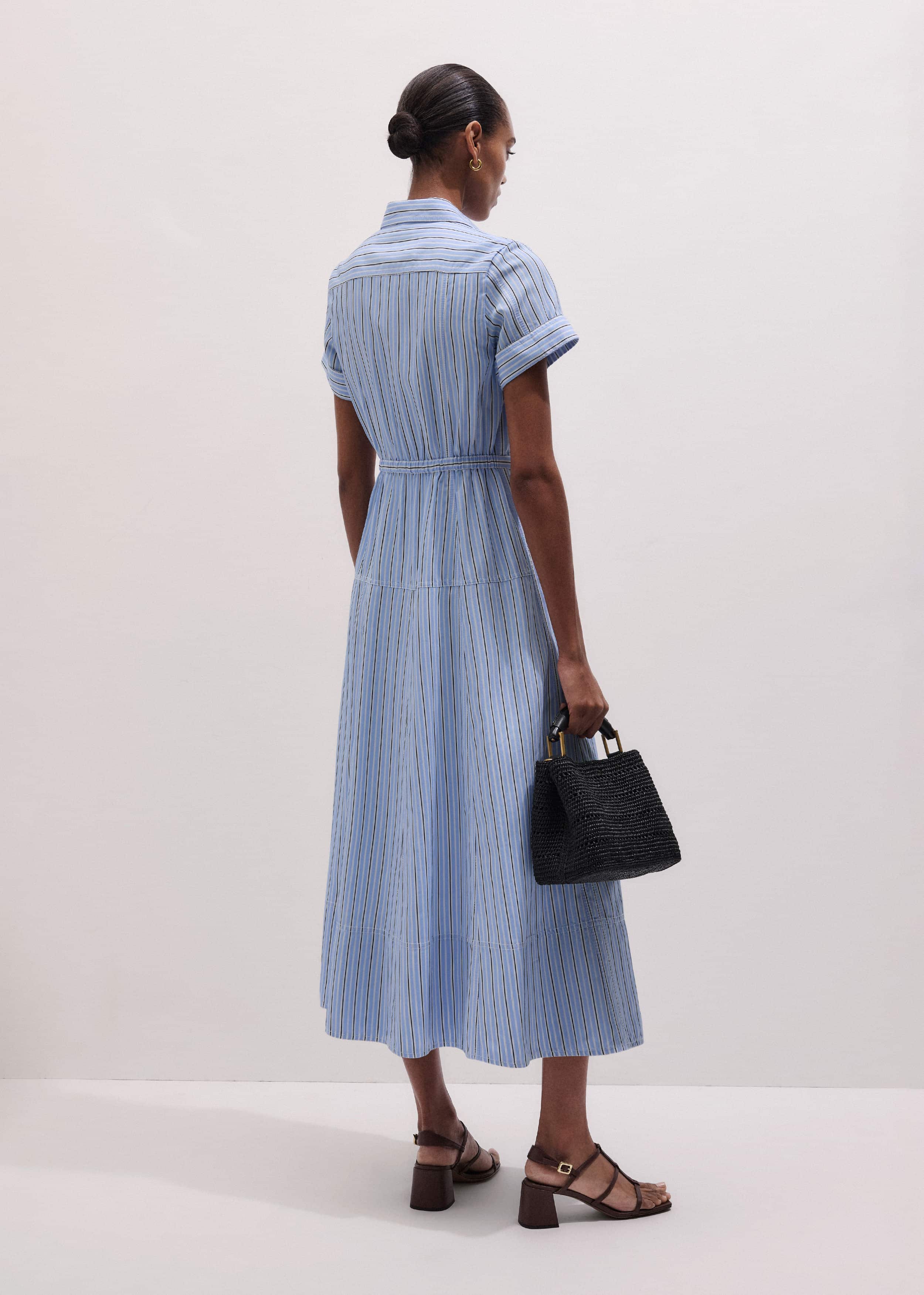 Blue Drawstring Waist Zip Neck Maxi Shirt Dress