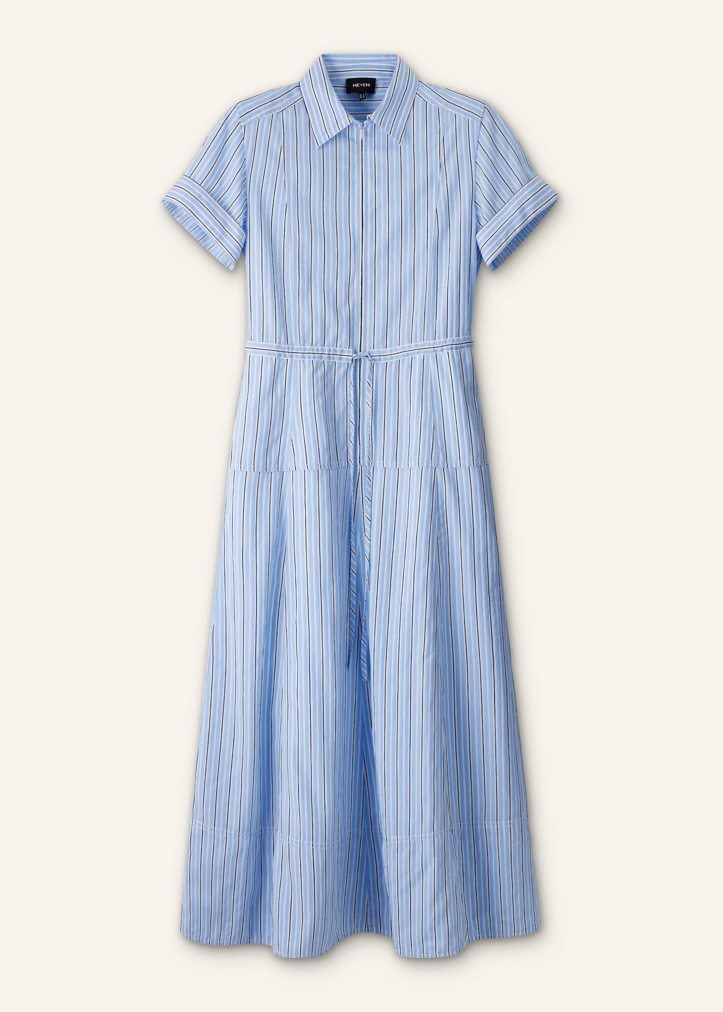 Blue Drawstring Waist Zip Neck Maxi Shirt Dress