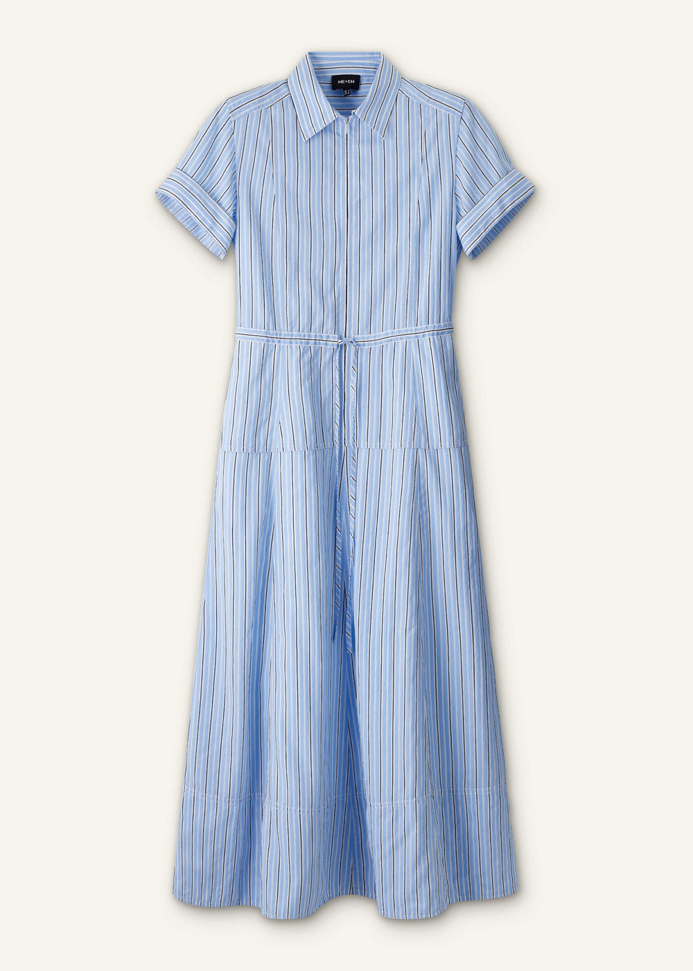 Blue Drawstring Waist Zip Neck Maxi Shirt Dress