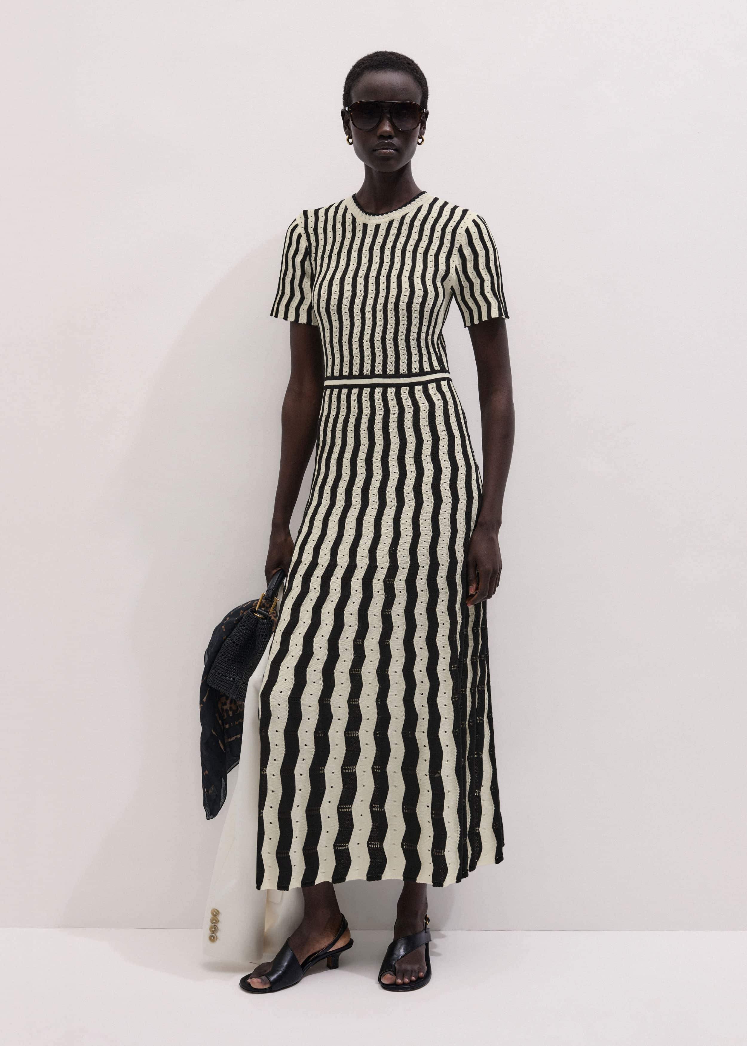 Cream Textured Pointelle Knit Stripe Maxi Dress