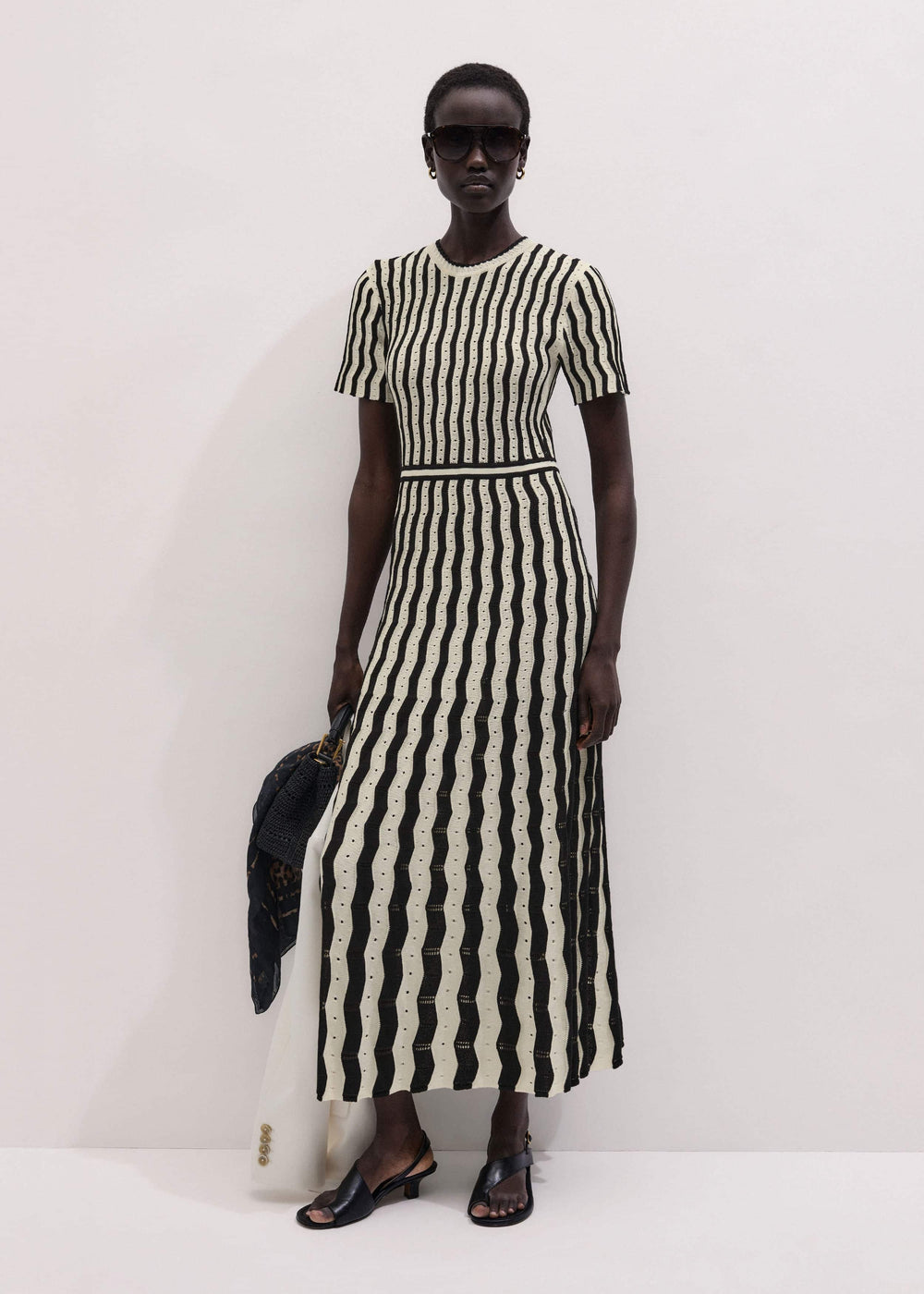 Cream Textured Pointelle Knit Stripe Maxi Dress