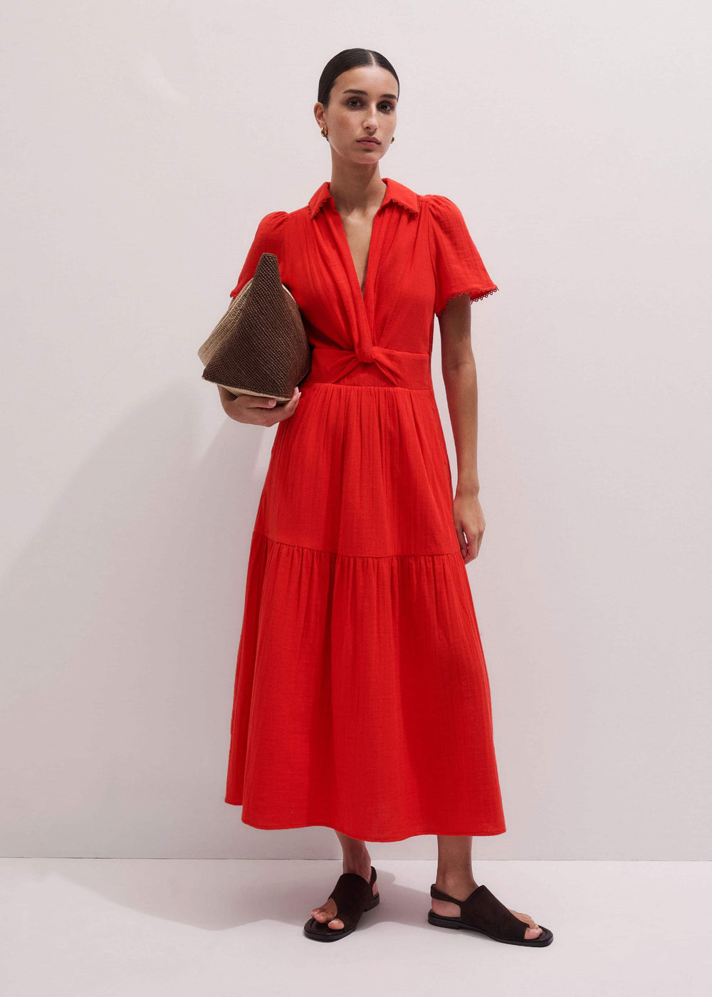 Red Cheesecloth Twist Detail Fit + Flare Maxi Dress