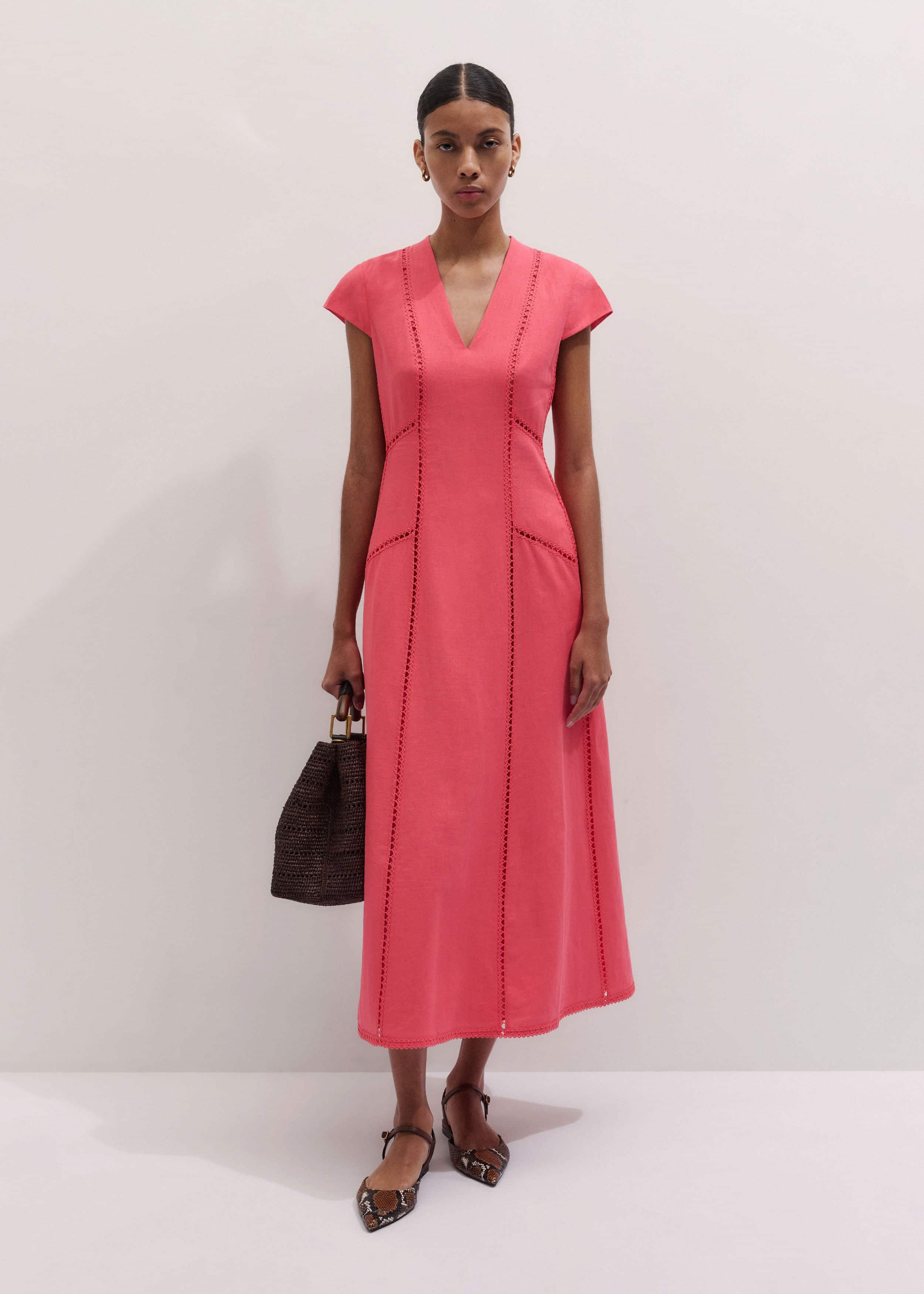 Pink Crease-Less Linen Embroidered Maxi Dress