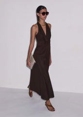 Brown Crease-Less Linen Twist Front Maxi Dress