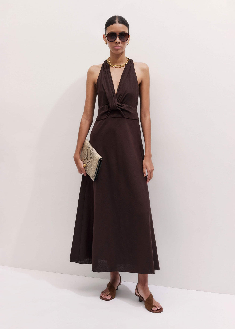 Brown Crease-Less Linen Twist Front Maxi Dress