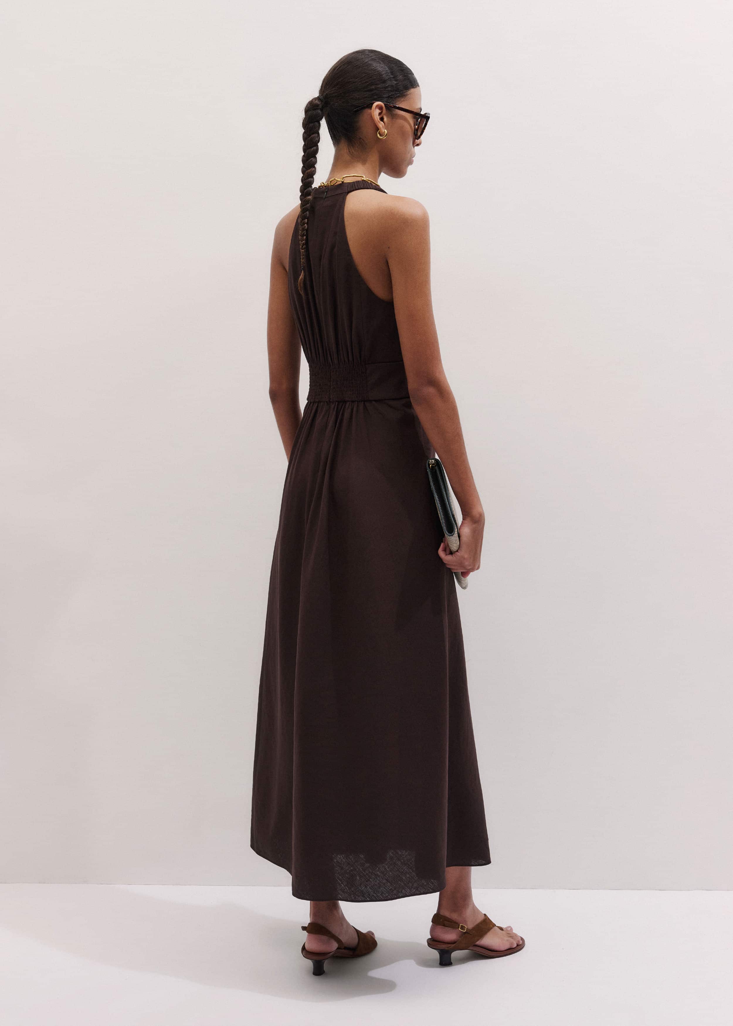 Brown Crease-Less Linen Twist Front Maxi Dress