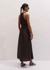 Brown Crease-Less Linen Twist Front Maxi Dress