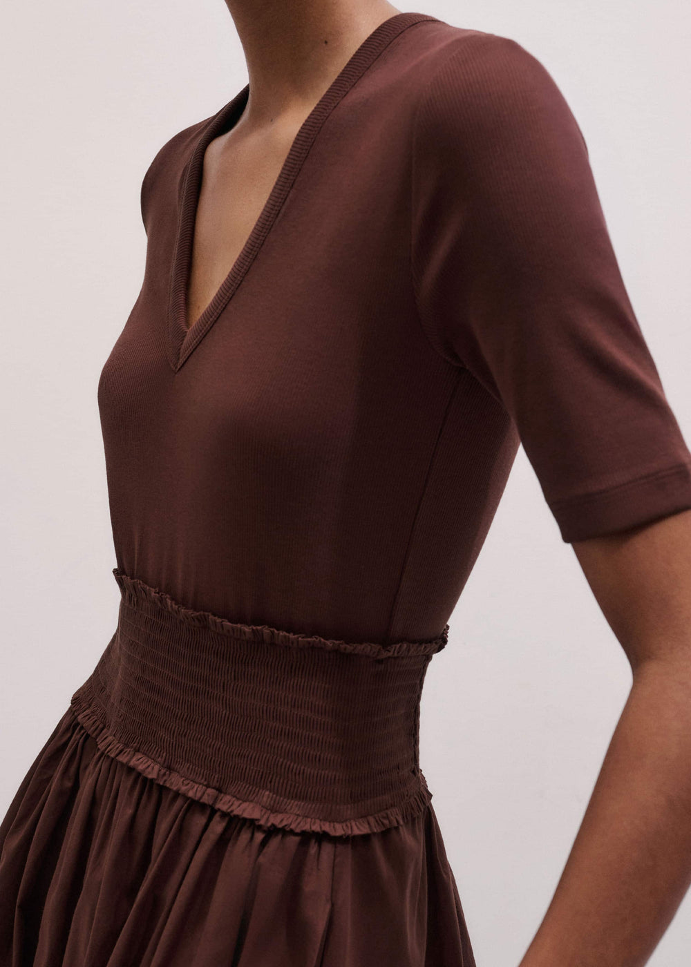 Cinnamon V-Neck Smocked Skirt Mixed Media Maxi Dress
