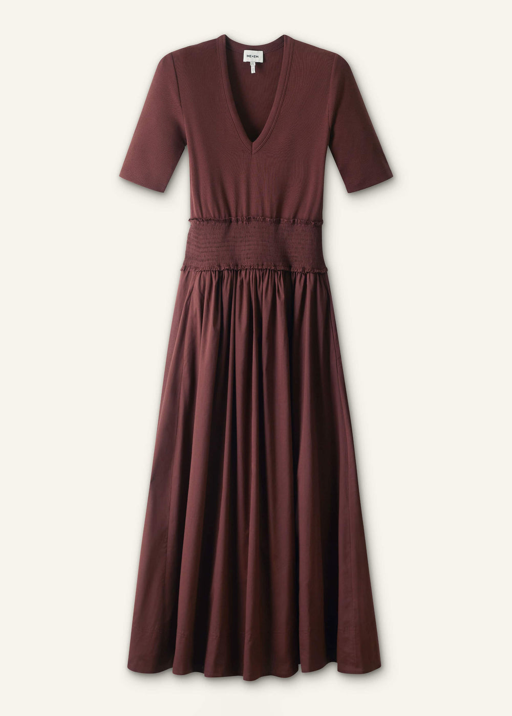 Cinnamon V-Neck Smocked Skirt Mixed Media Maxi Dress