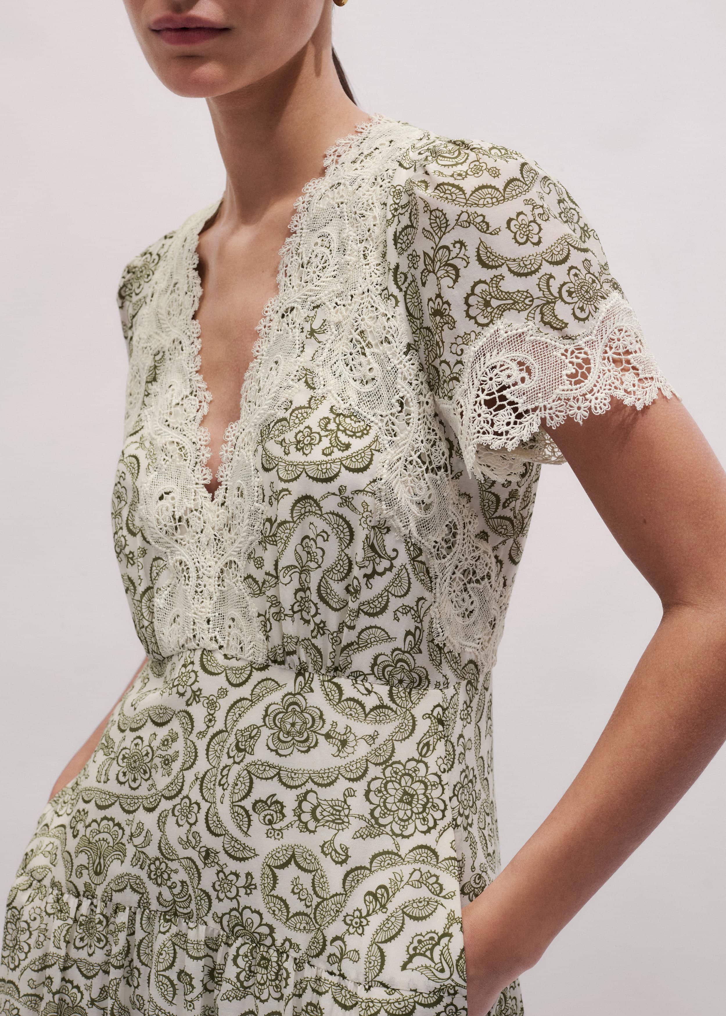 Green Silk Cotton Lace Trim Maxi Dress