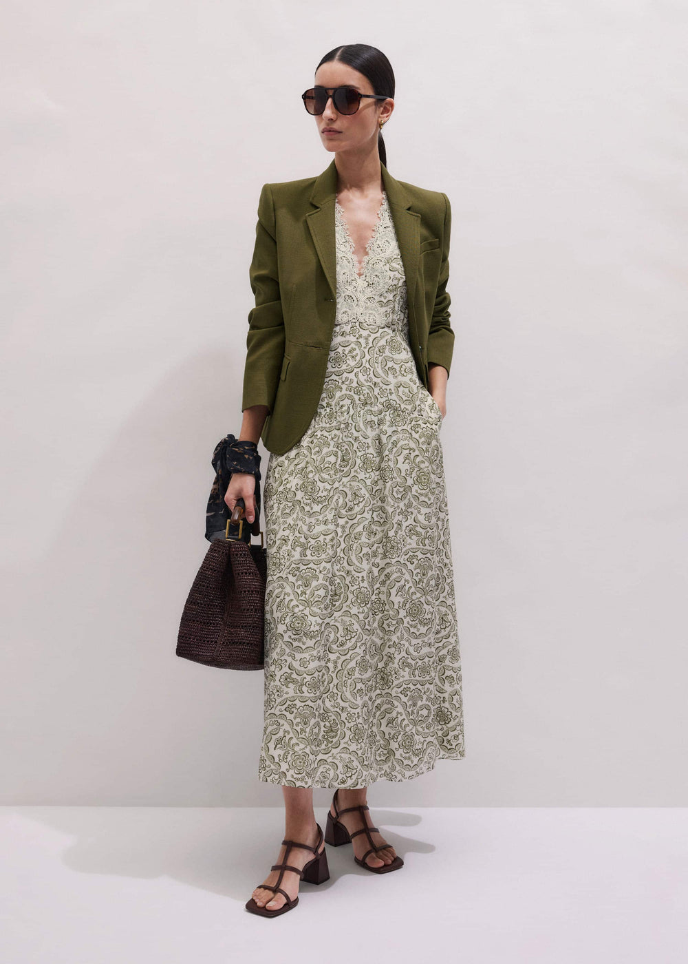 Green Silk Cotton Lace Trim Maxi Dress