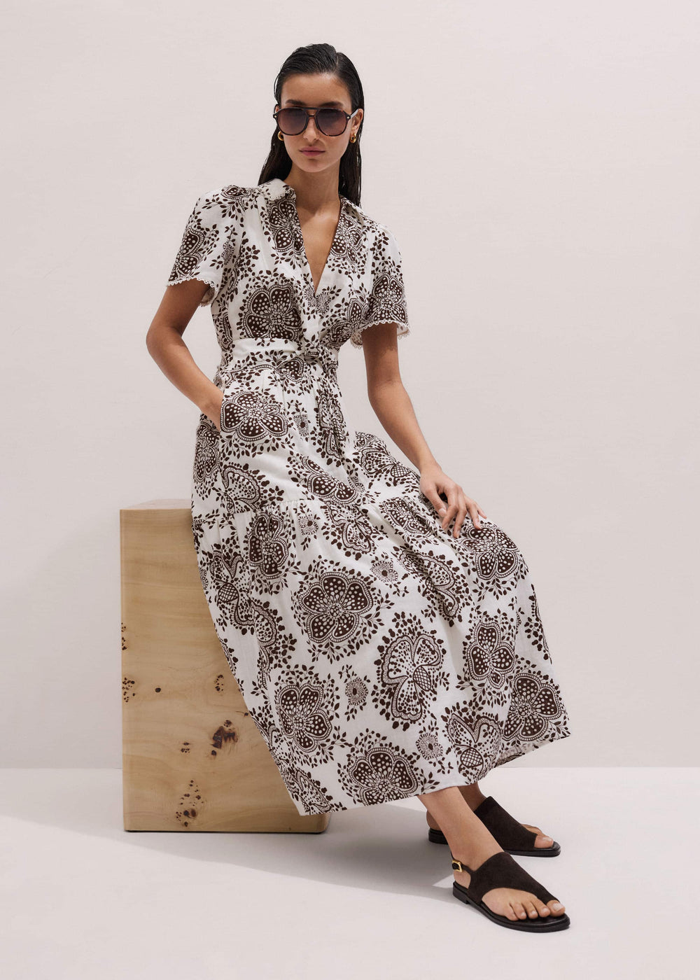 White Cheesecloth In-Full-Bloom Print Maxi Dress + Belt