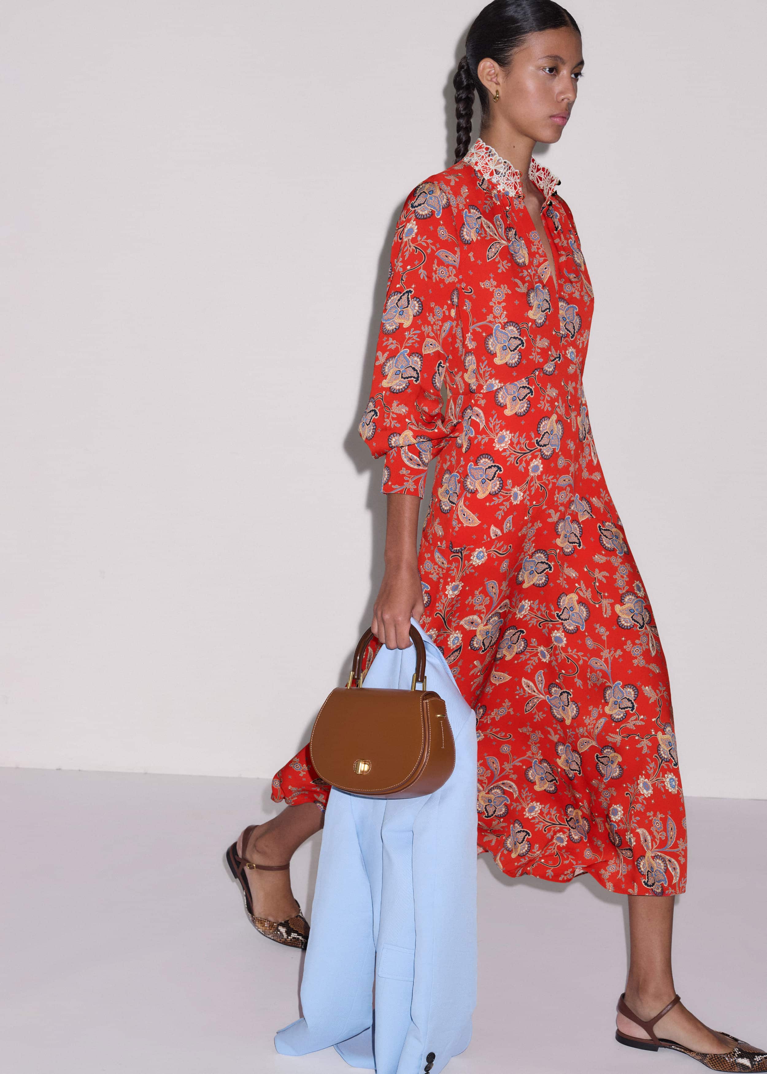 Orange Fit + Flare Ornate Paisley Print Maxi Dress