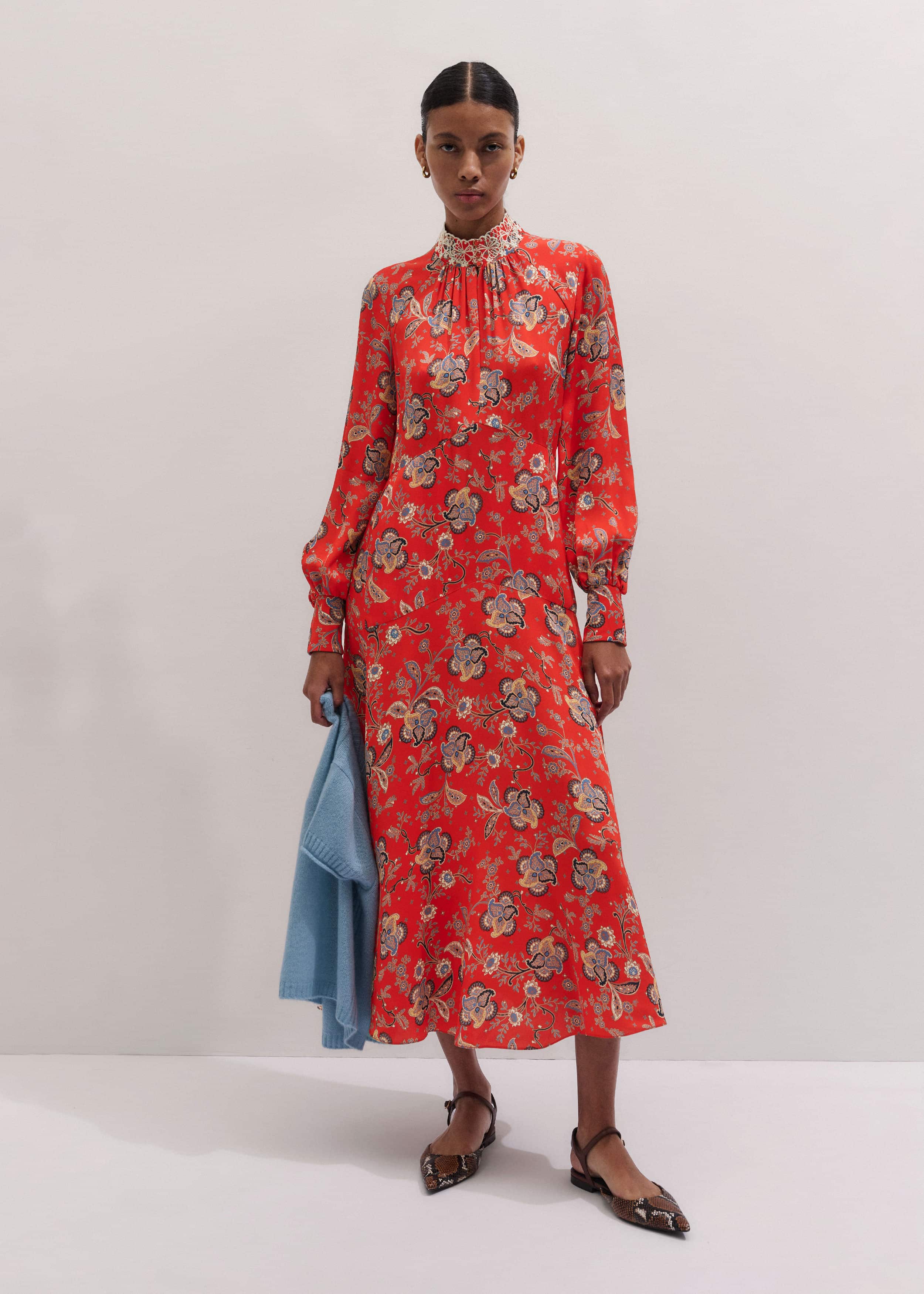 Orange Fit + Flare Ornate Paisley Print Maxi Dress