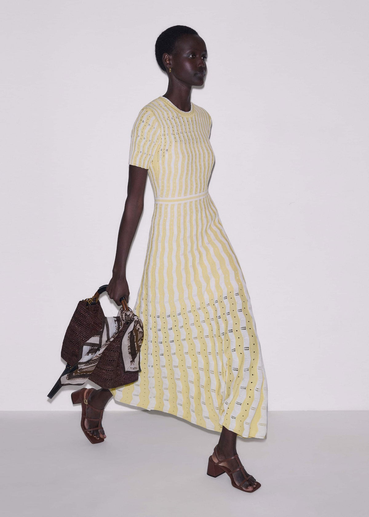 Yellow Textured Pointelle Stripe Knit Maxi Dress