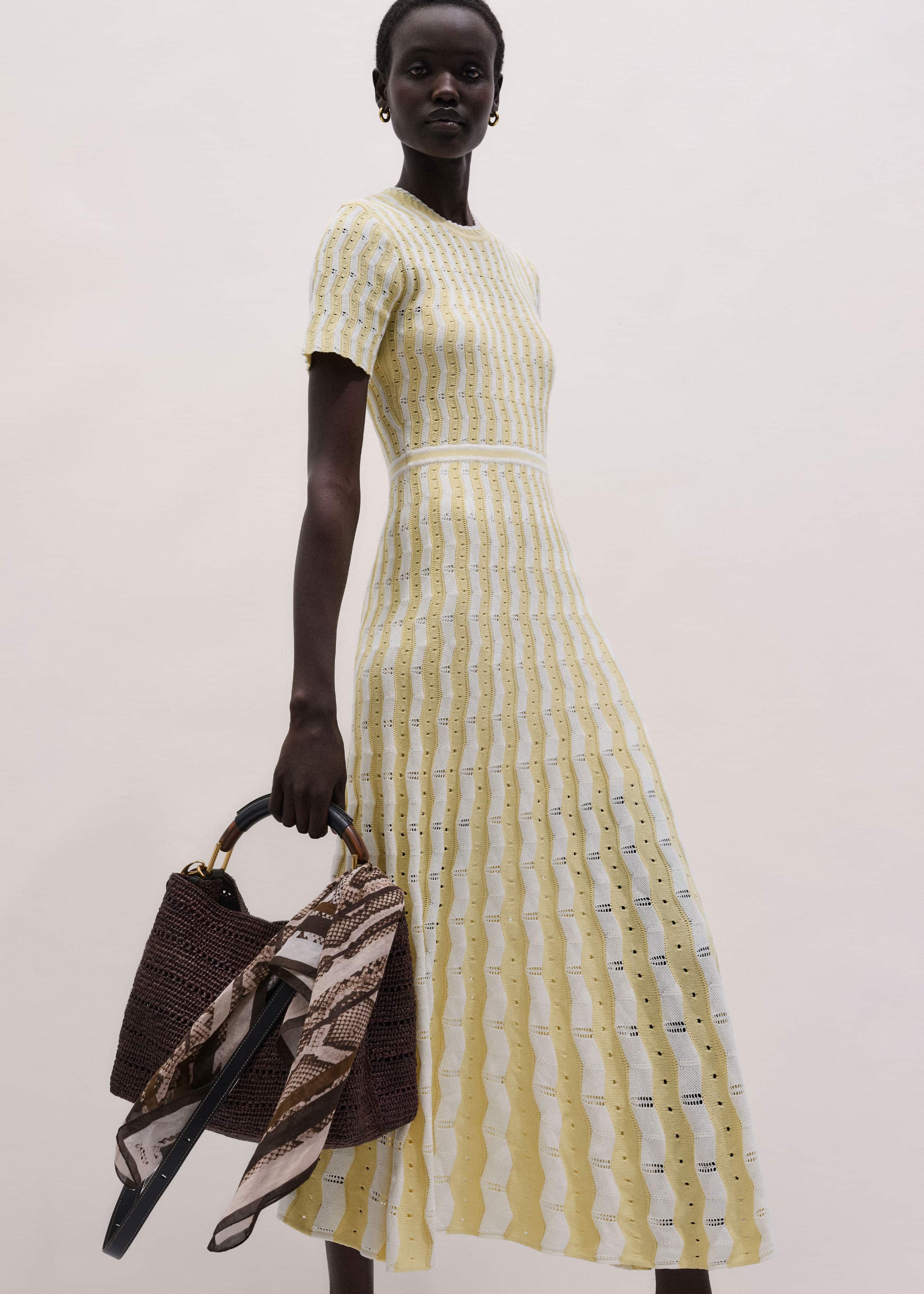 Yellow Textured Pointelle Stripe Knit Maxi Dress