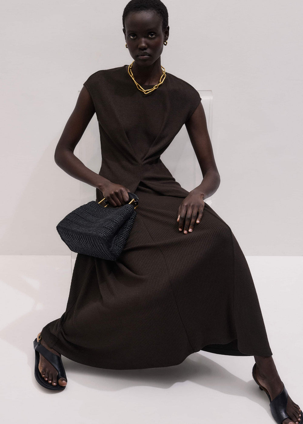 Brown Draped Waist Clever Pleat Maxi Dress