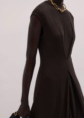 Brown Draped Waist Clever Pleat Maxi Dress