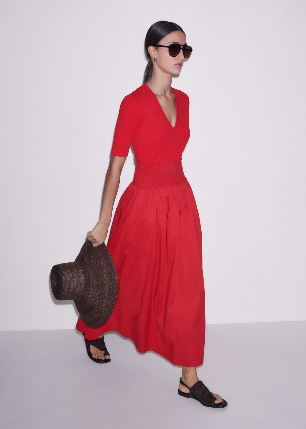 Red V-Neck Smocked Skirt Mixed Media Maxi Dress