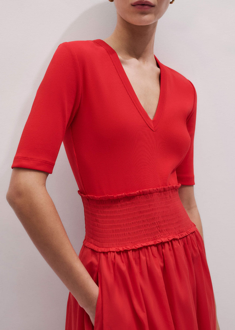 Red V-Neck Smocked Skirt Mixed Media Maxi Dress
