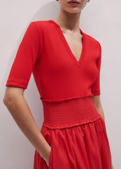 Red V-Neck Smocked Skirt Mixed Media Maxi Dress