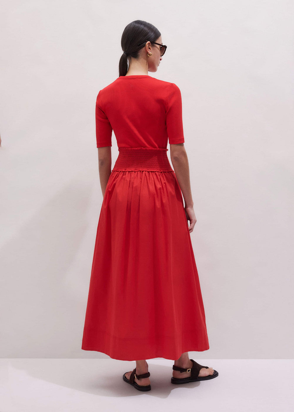 Red V-Neck Smocked Skirt Mixed Media Maxi Dress