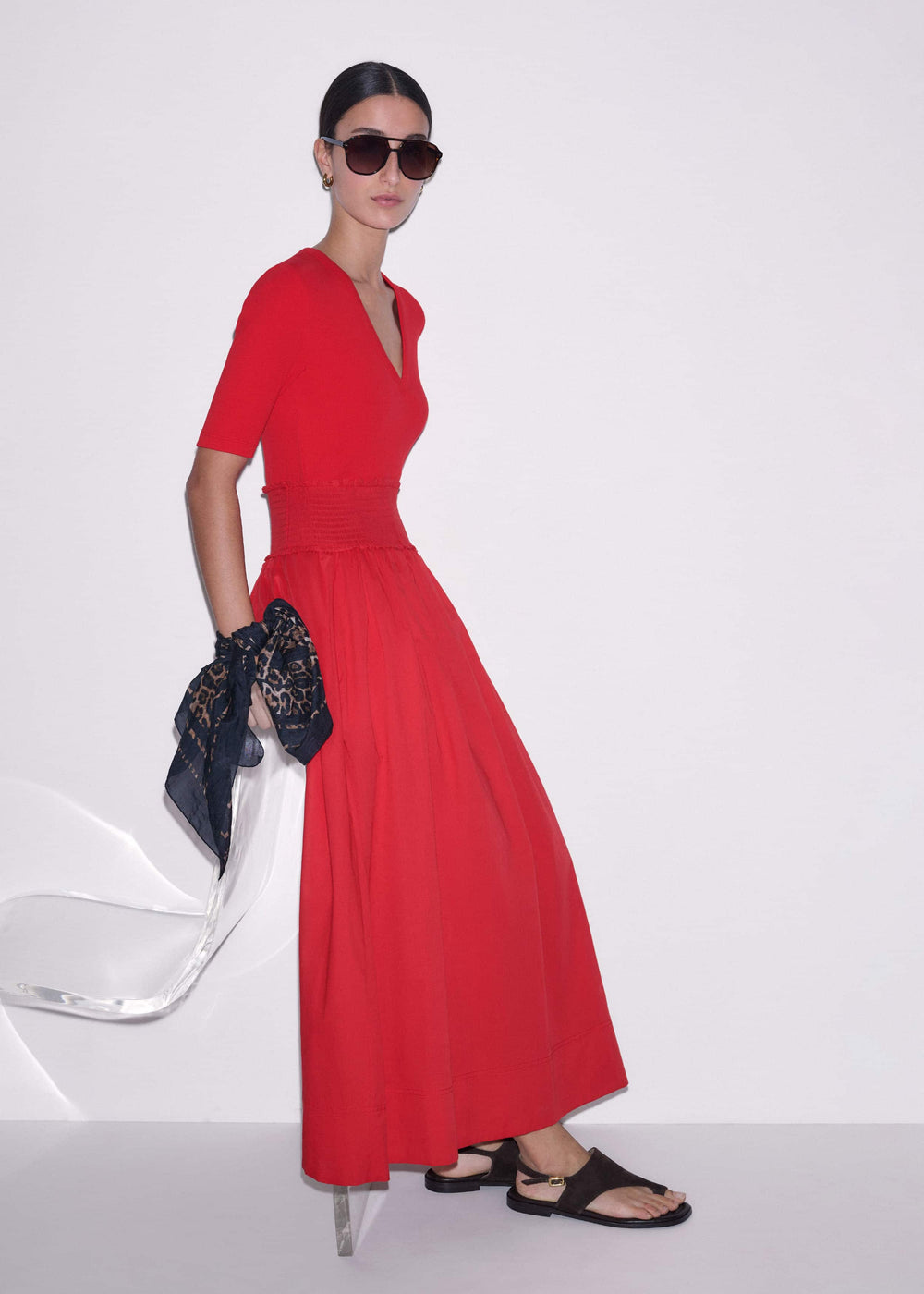 Red V-Neck Smocked Skirt Mixed Media Maxi Dress