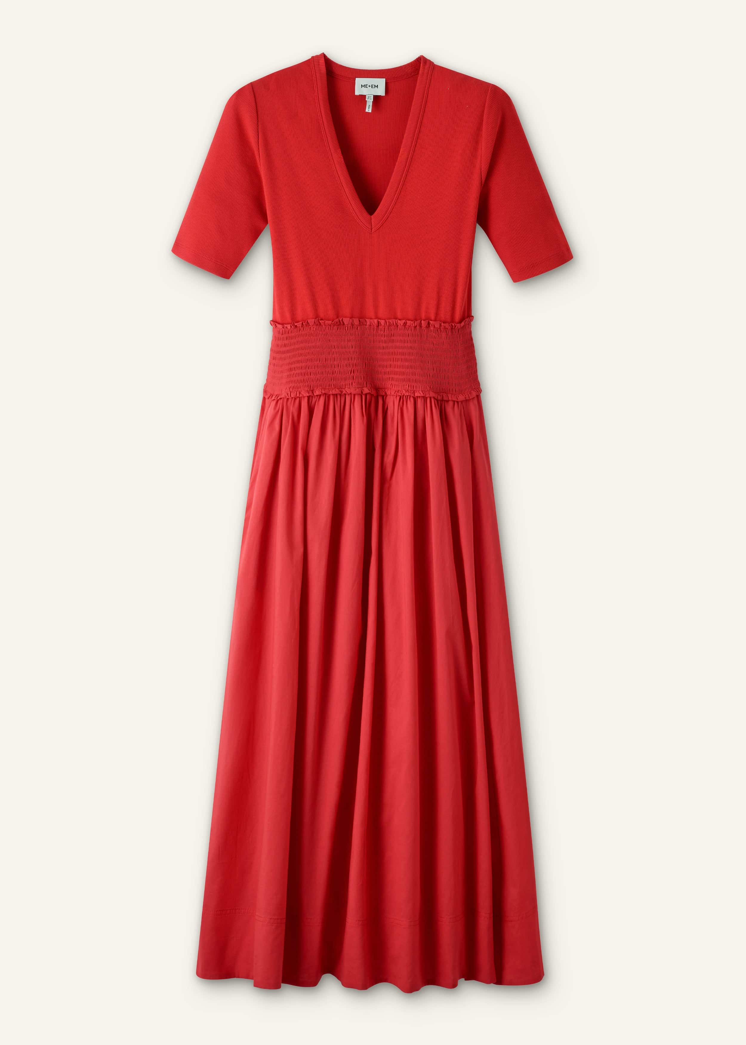Red V-Neck Smocked Skirt Mixed Media Maxi Dress