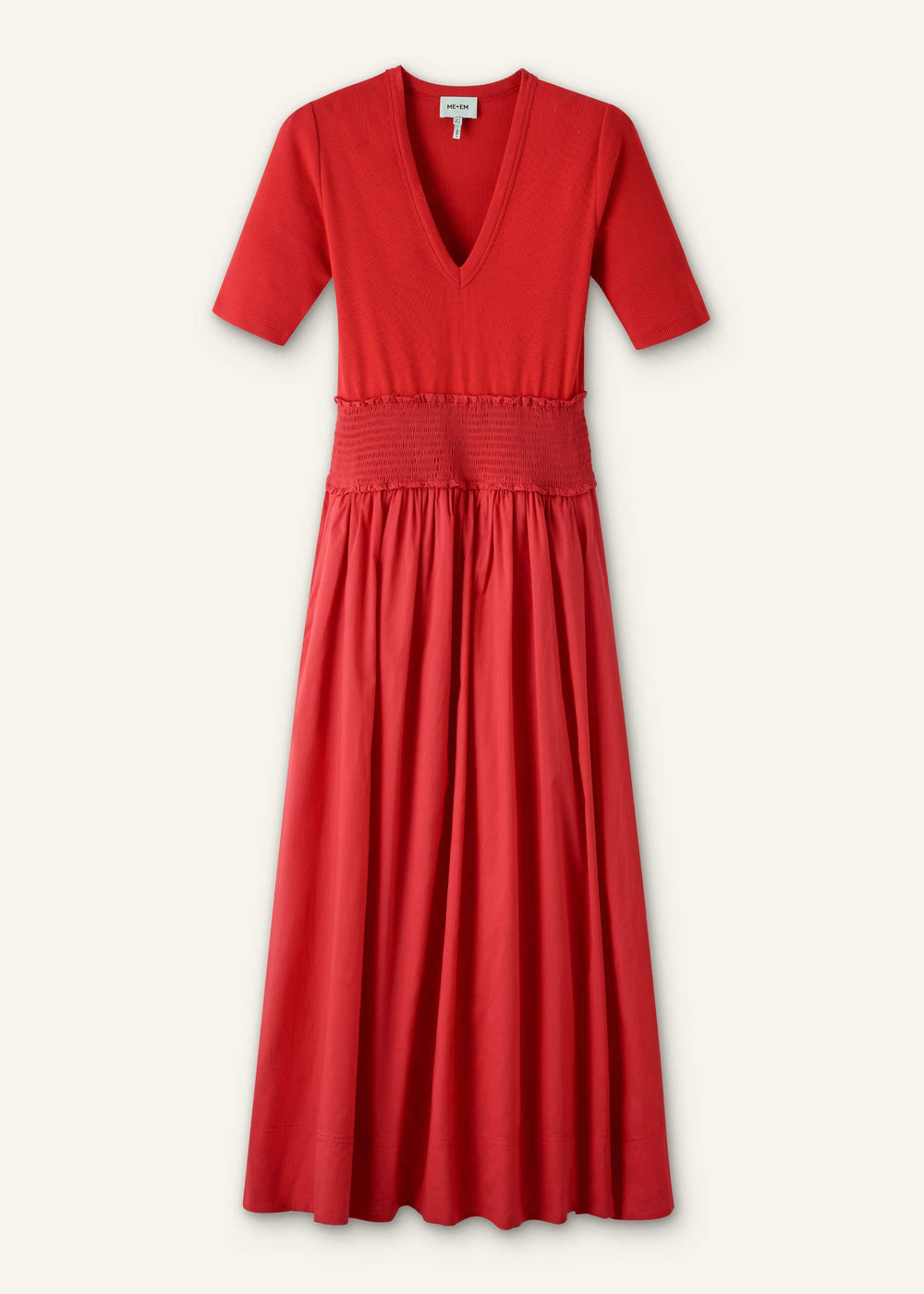 Red V-Neck Smocked Skirt Mixed Media Maxi Dress