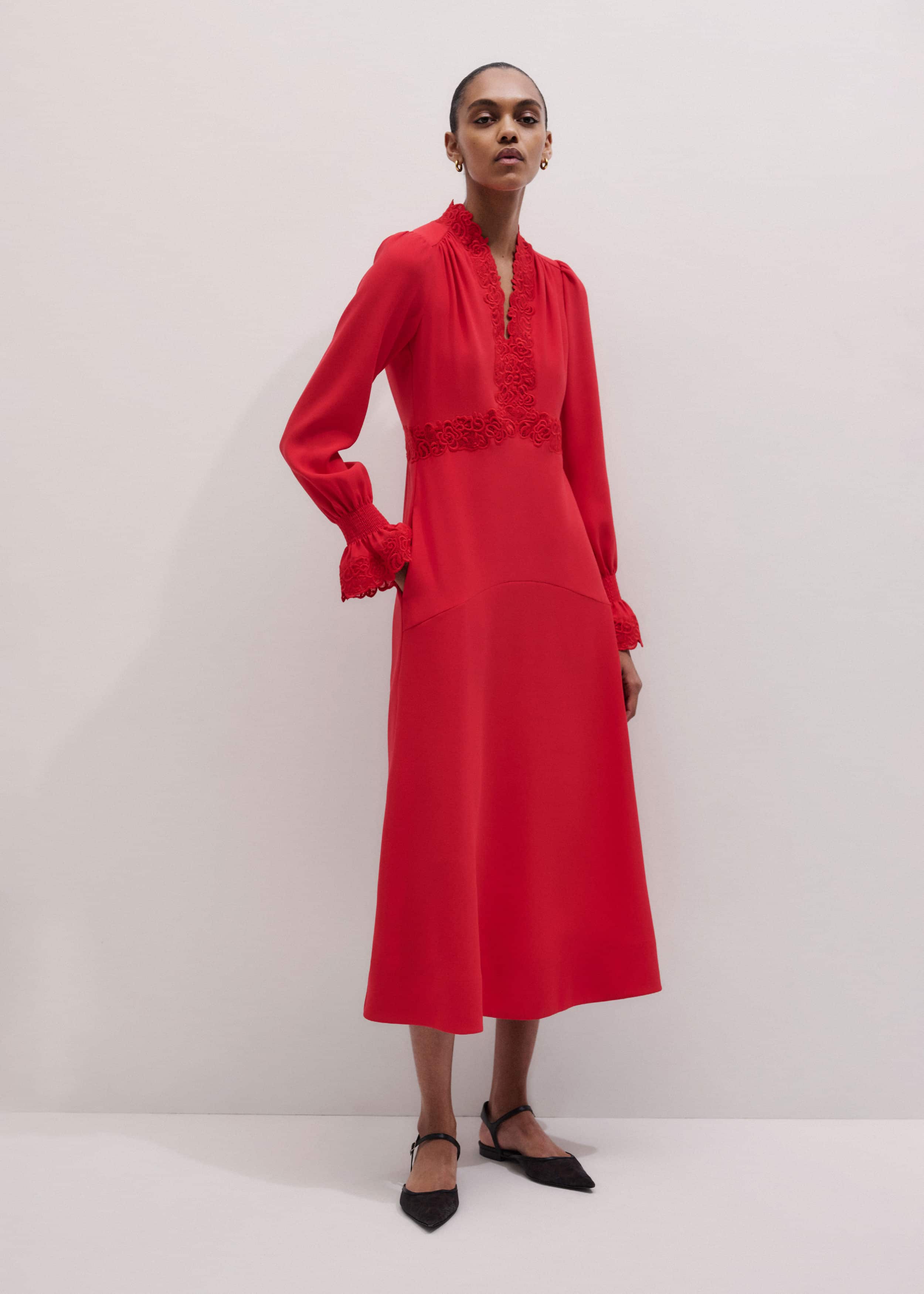Red Fit + Flare Lace Detail Maxi Dress