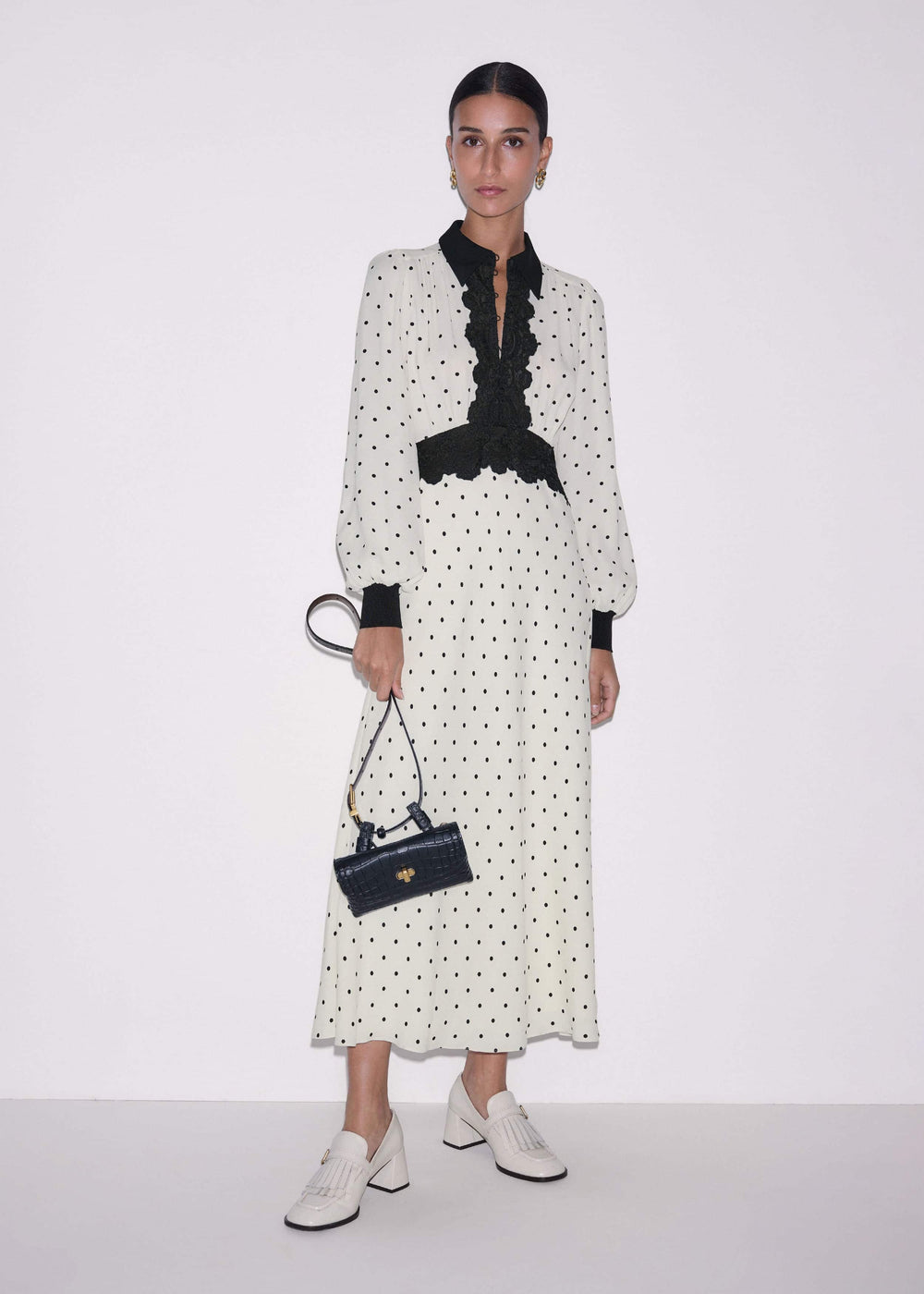 Cream Winter Polka Dot Lace Trim Maxi Dress