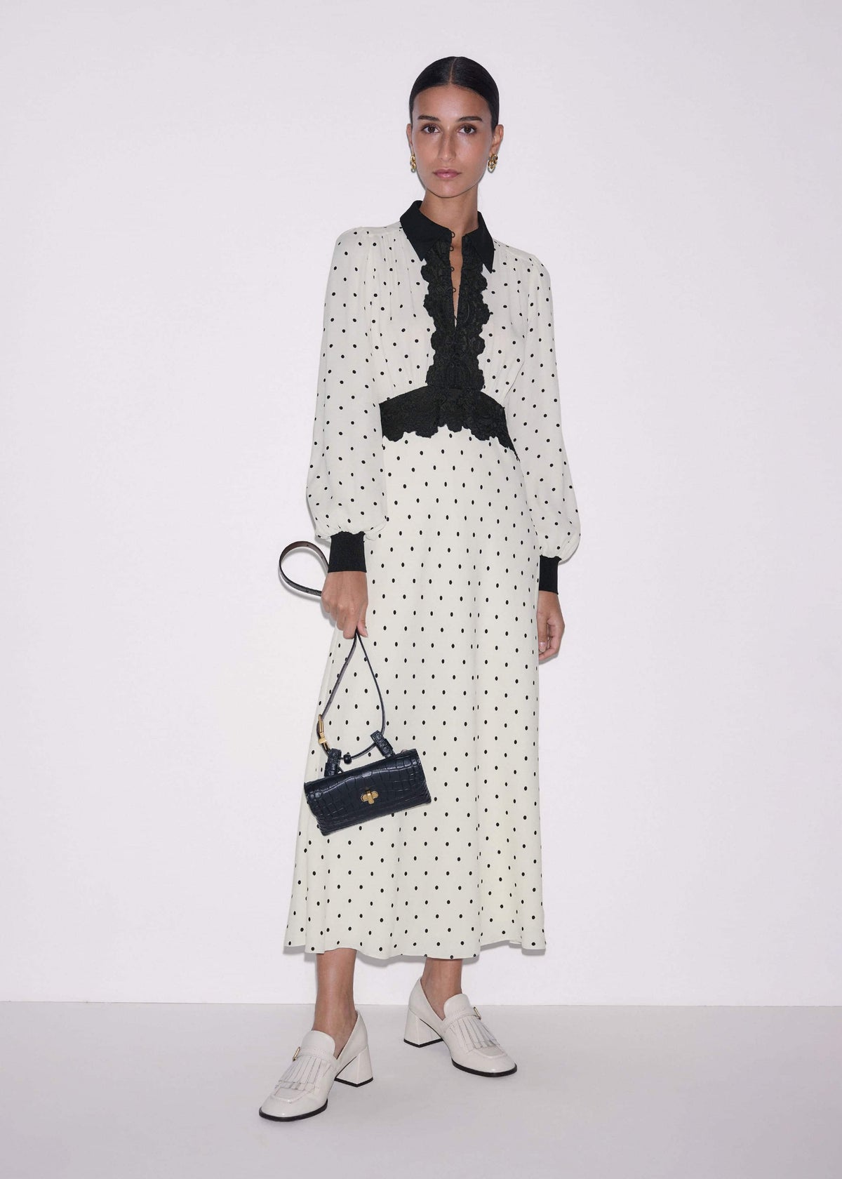 Cream Winter Polka Dot Lace Trim Maxi Dress