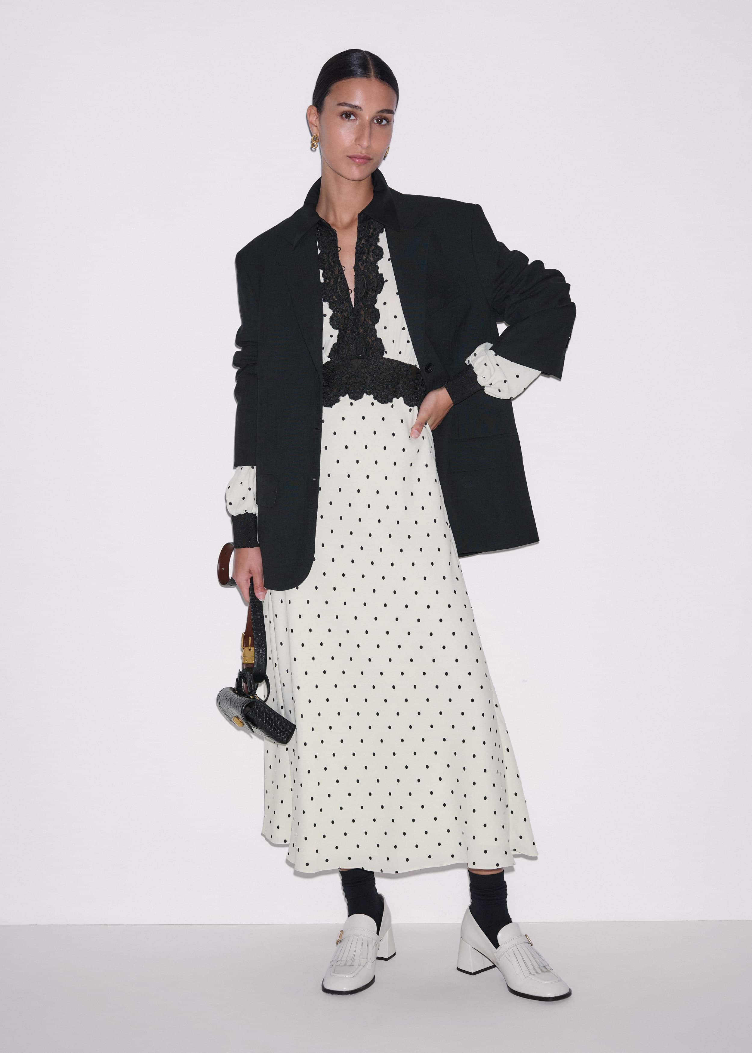 Cream Winter Polka Dot Lace Trim Maxi Dress